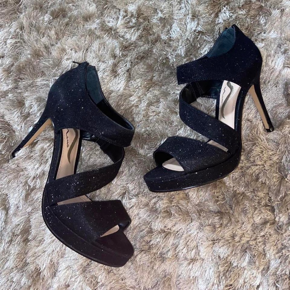 nina black glitter open toe heels